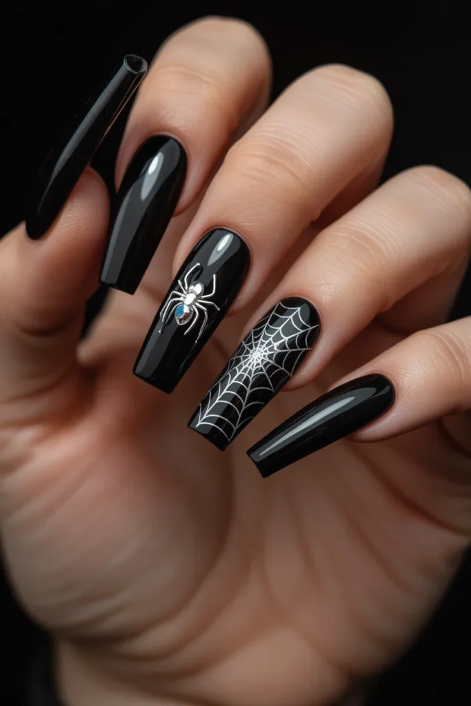 11. Goth Acrylic Nails — Long Coffin with Spiderweb
