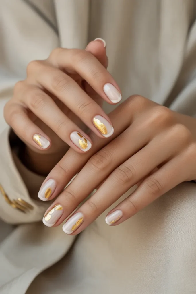 11. Milky White Tips with Gold Foil Accent