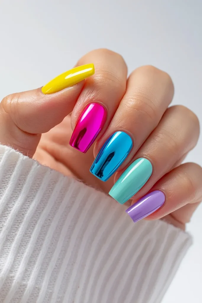 11. Multicolor Chrome Nails That Celebrate All of Springs Best Shades at Once