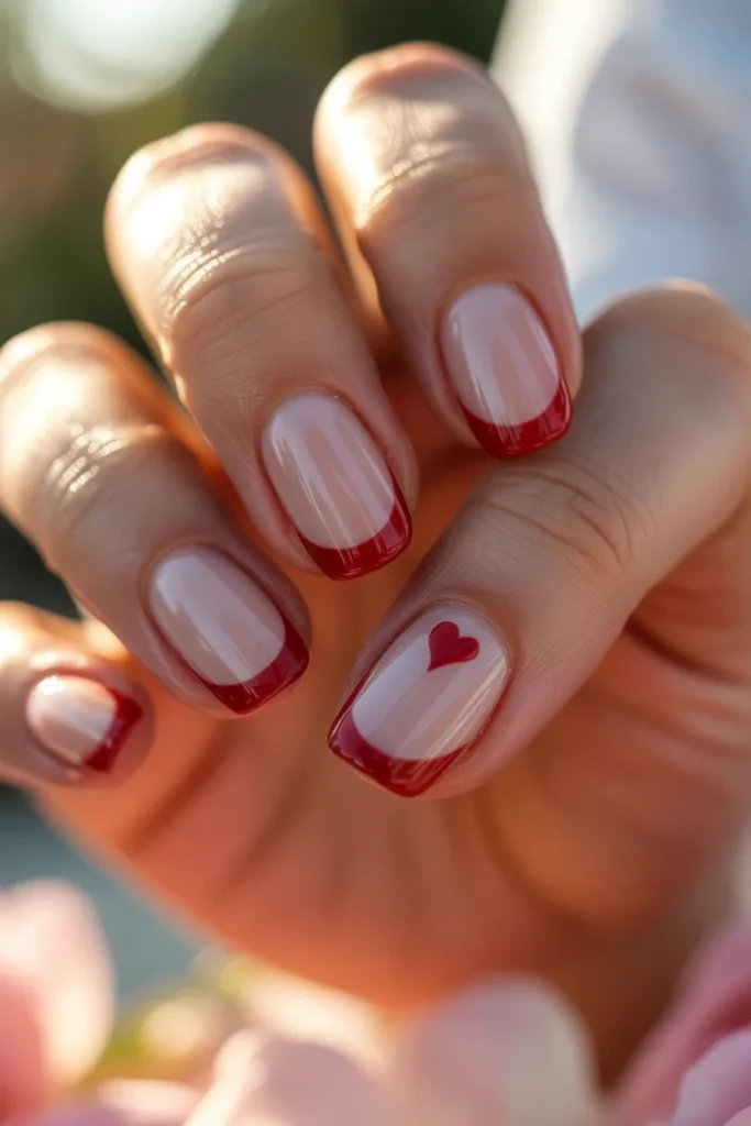 11. Red French Tips with Heart Accent