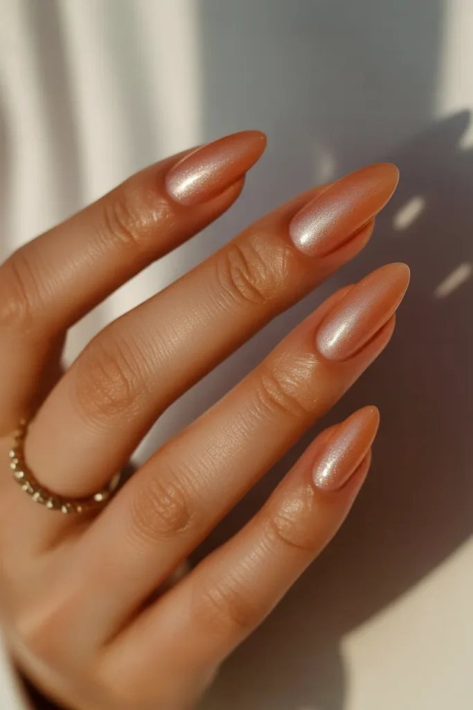 11. Short Almond Nails in Peach Fuzz Tones