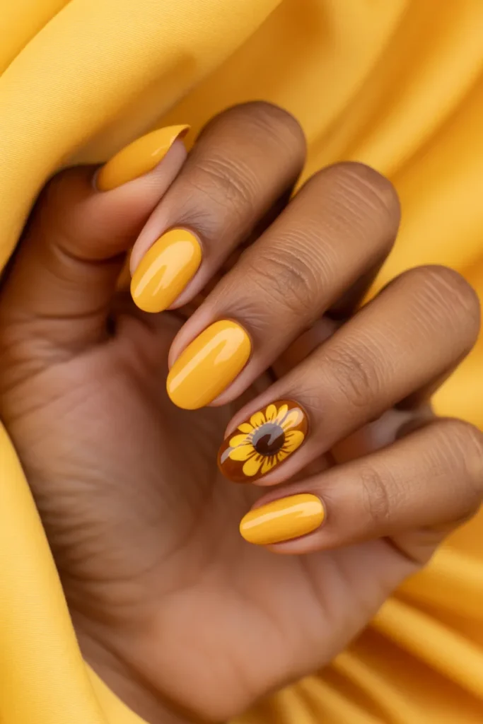 11. Yellow Base Sunflower Nails — Tonal Design