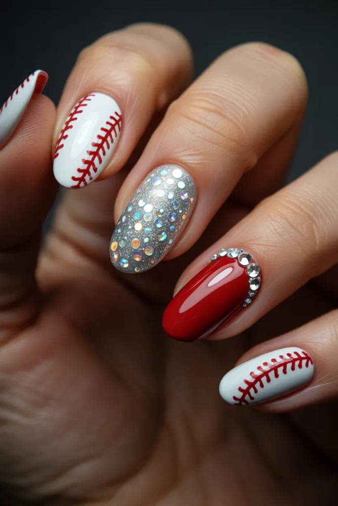 Baseball Nails 13 12 Baseball Nails with Glitter and Rhinestones