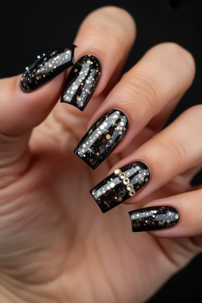 12 Black Glitter Nails for New Years Eve