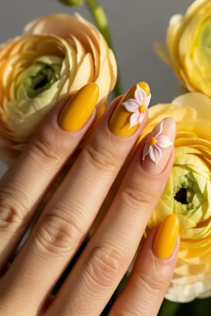 12 Yellow Floral Nails — 3D Accent