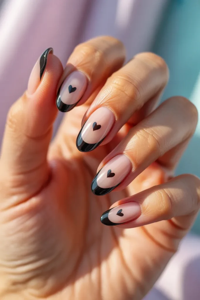 12. Black French Tip Nails with Hearts