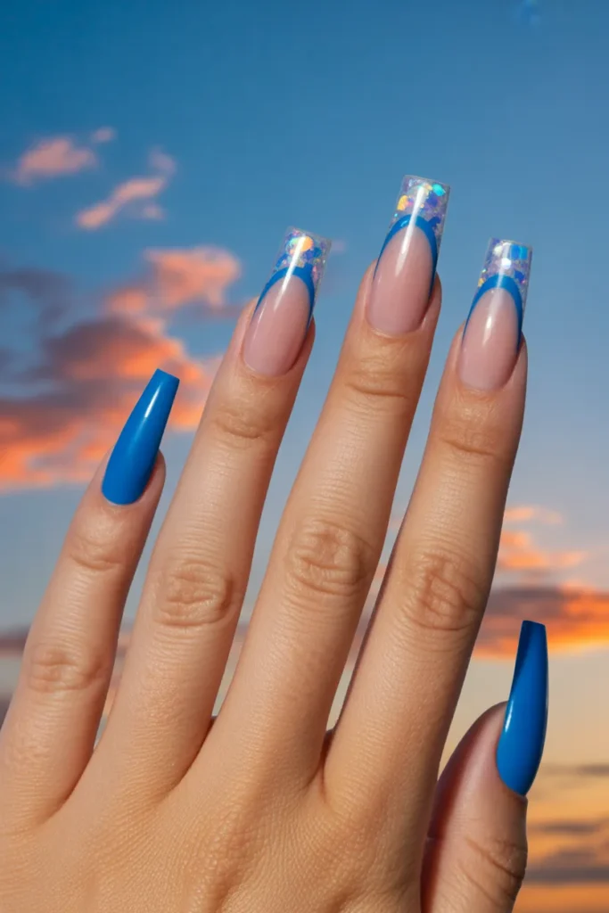 12. Blue Summer Acrylic Nails with Glitter Tips