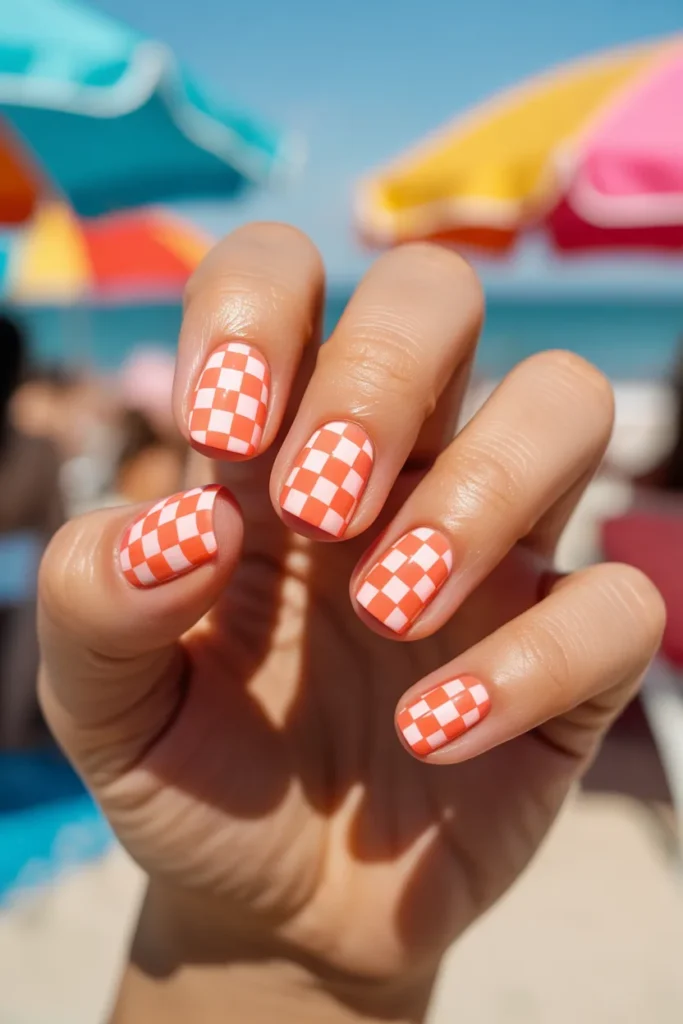 12. Checkerboard in Coral and White — Fun Summer Nails