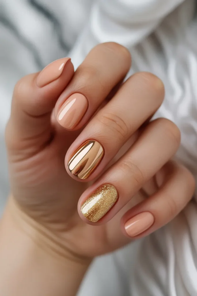 12. Glitter Gold Chrome Accent Nails