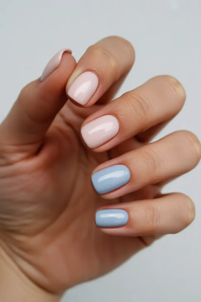 12. Simple Pink and Blue Nails — Two Tone Clean Set