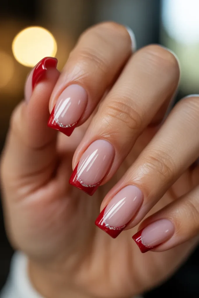12. Sparkly Glitter Red French Tip Nails