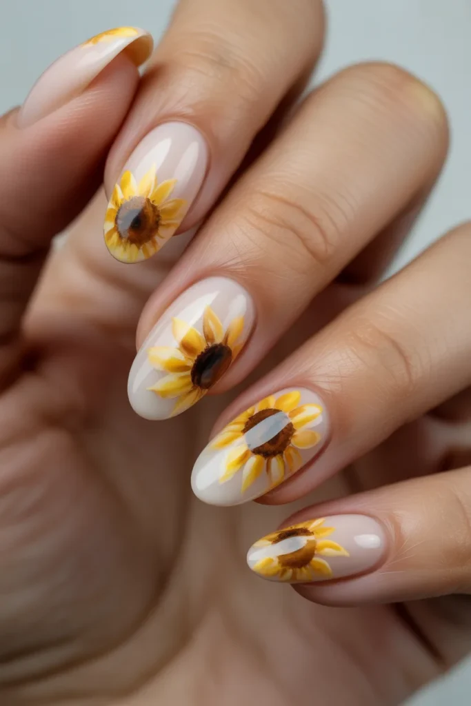 12. Sunflower Nail Art with Watercolor Effect