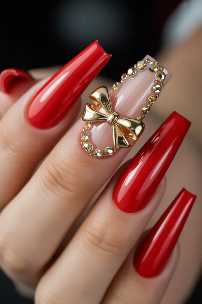 13 3D Red and Gold Nails — Embellished Set