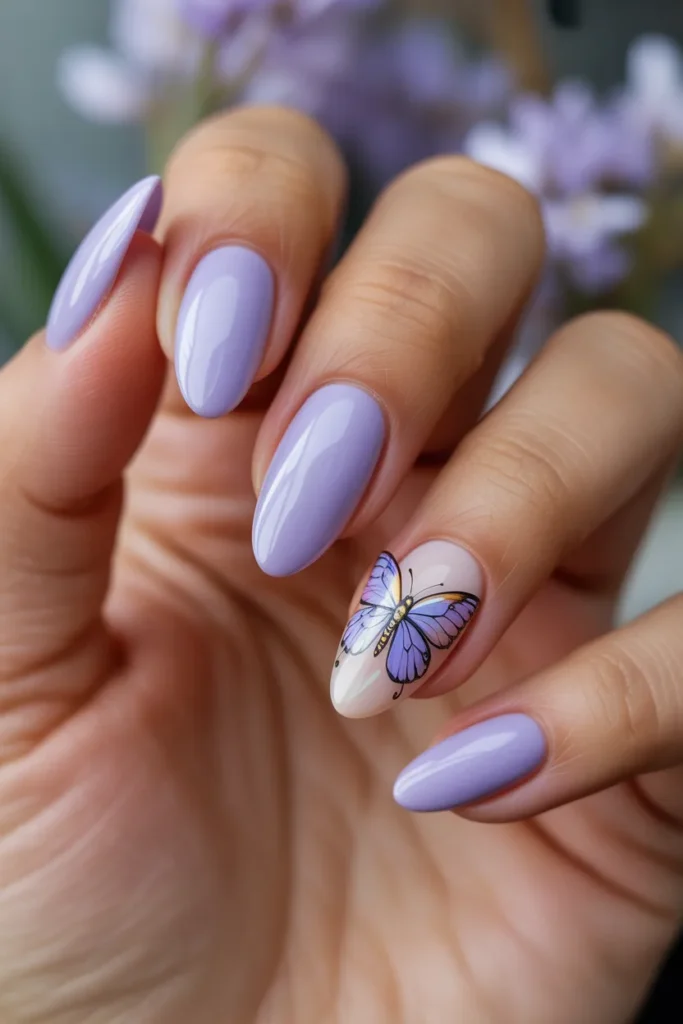 13 Lavender Butterfly Nails — Almond ·