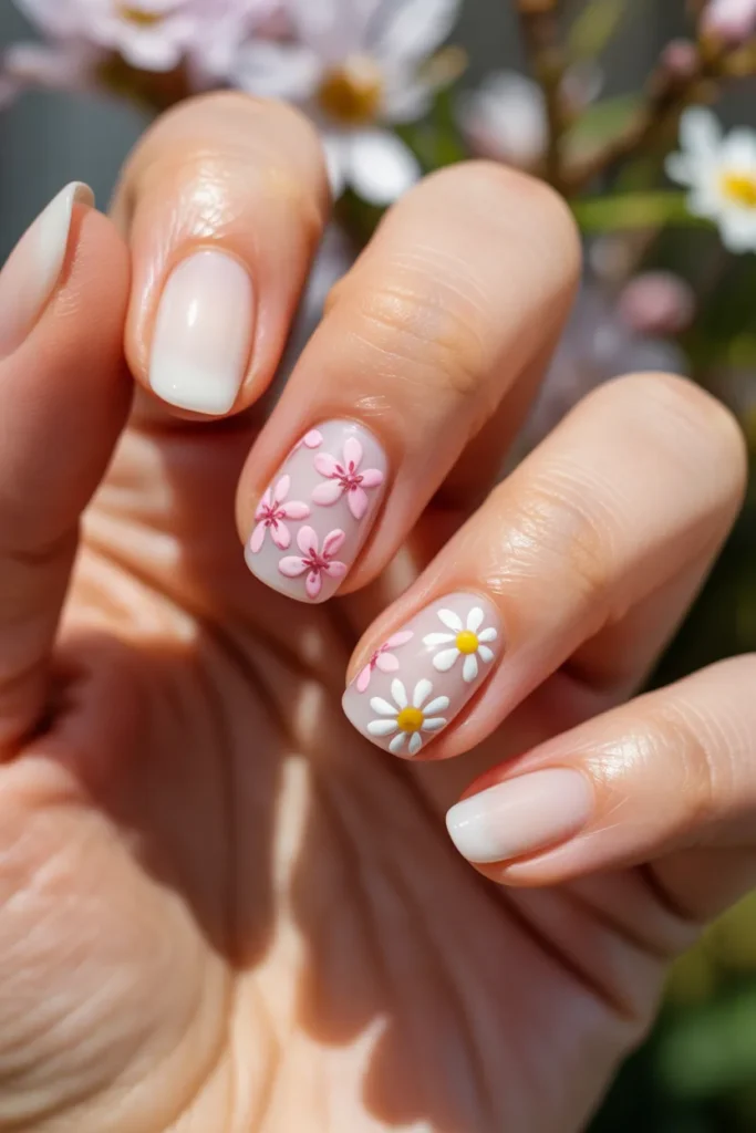 13 Milky White Nails with Flowers — Spring Art