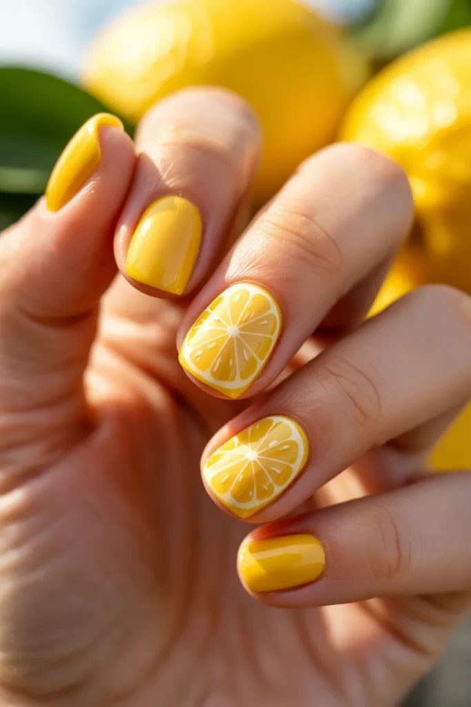 13 Short Square Nails with Lemon Art ·