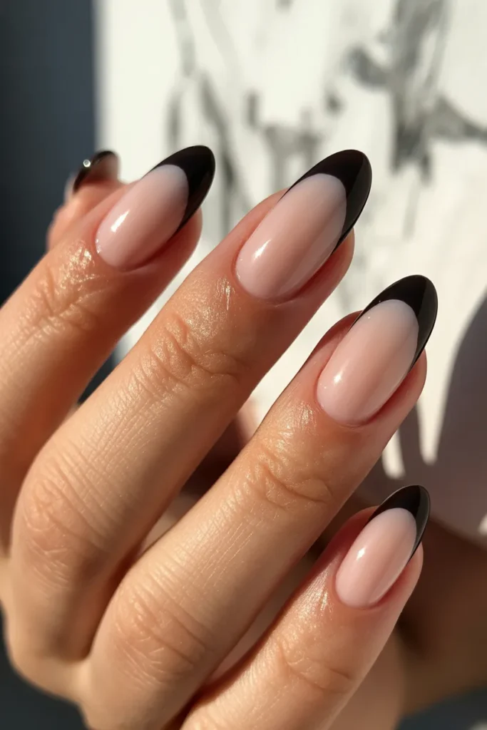 13. Black French Tip Nails with Ombre Base