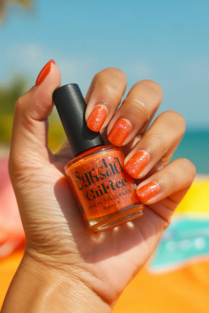 13. Coral and Orange Glitter Nail Polish