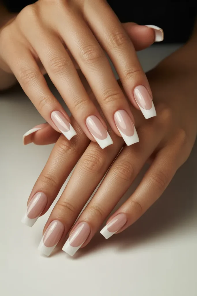 13. Elegant White French Tips on Long Coffin Nails