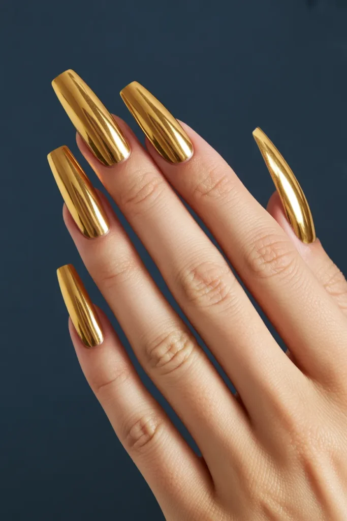 13. Gold Chrome Coffin Nails