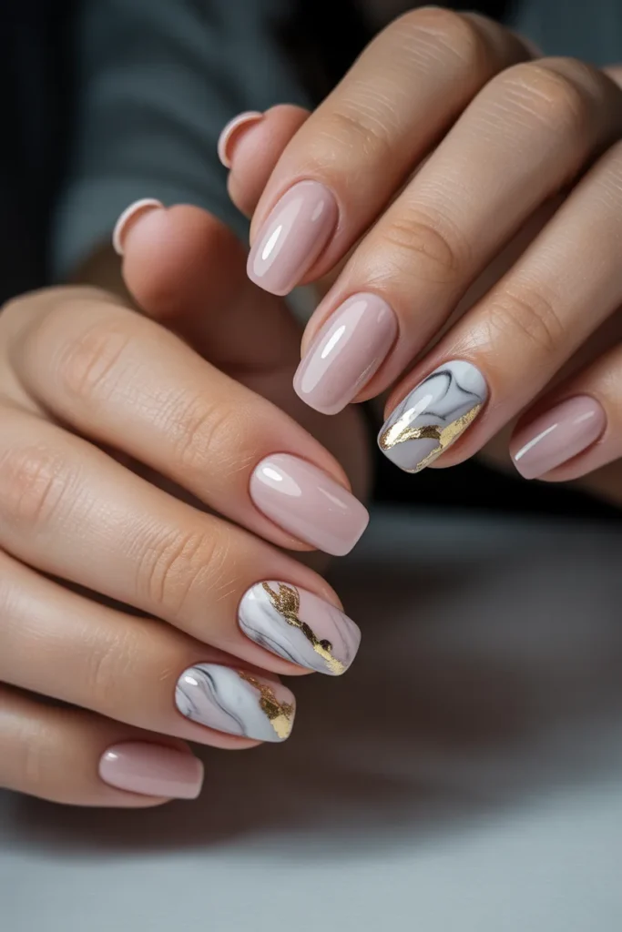 13. Pastel Pink Marble Nails — Luxurious Texture on a Soft Canvas