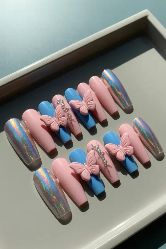 13. Pink and Blue Nails With Butterflies