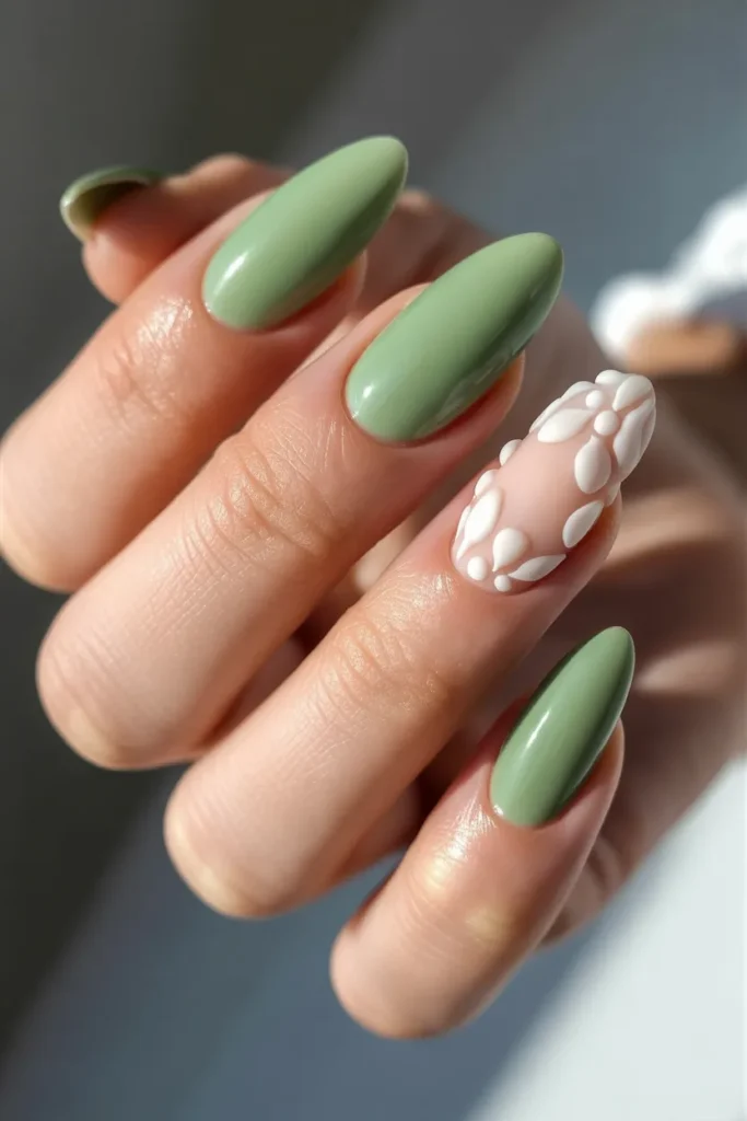 13. Sage Green with 3D White Floral Embellishments