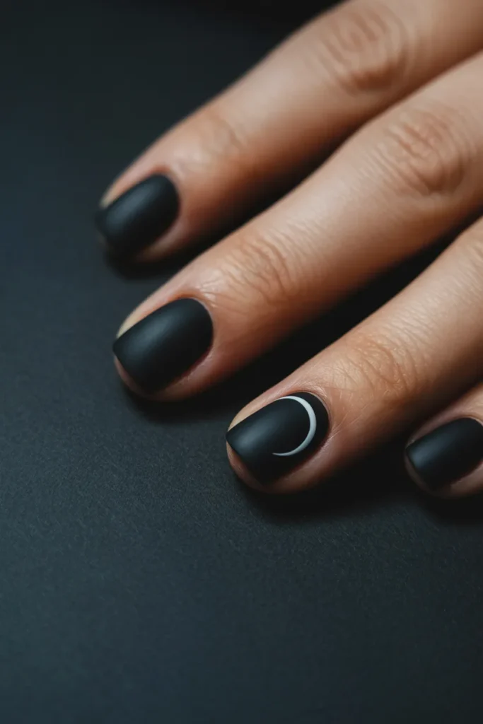 13. Simple Goth Nails — Matte Black with White Moon