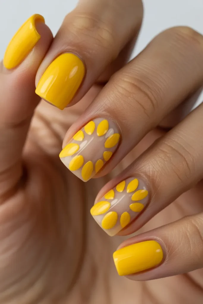 13. Sunflower Nails with Negative Space