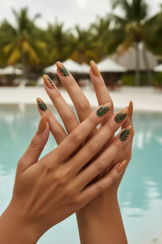 13. Tropical Leaves on Nude — Nails for the Beach Simple