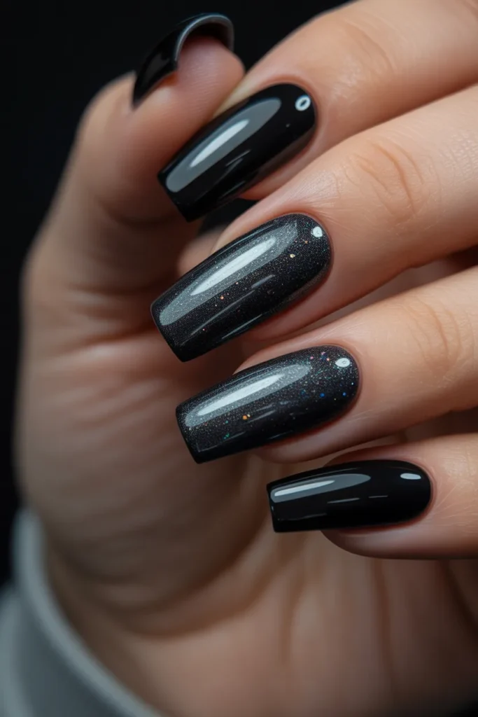 14 Black Chrome Glitter Nails
