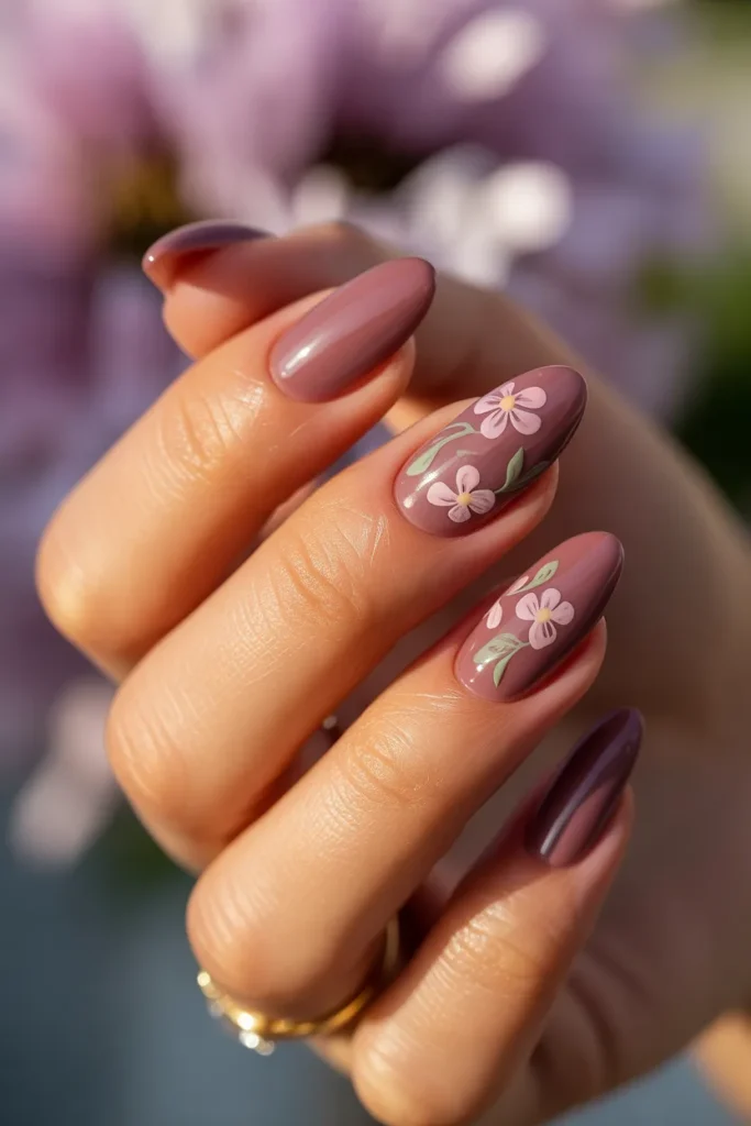 14 Mauve Floral Short Almond Nails