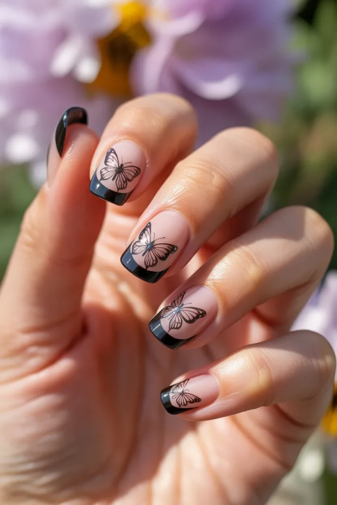 14. Black French Tip Nails with Butterfly Accent