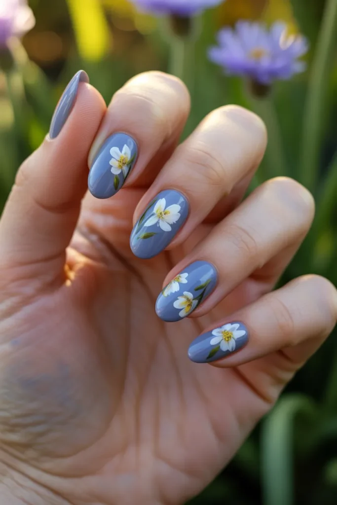 14. Blue Floral Press Nails with Green Leaf Details