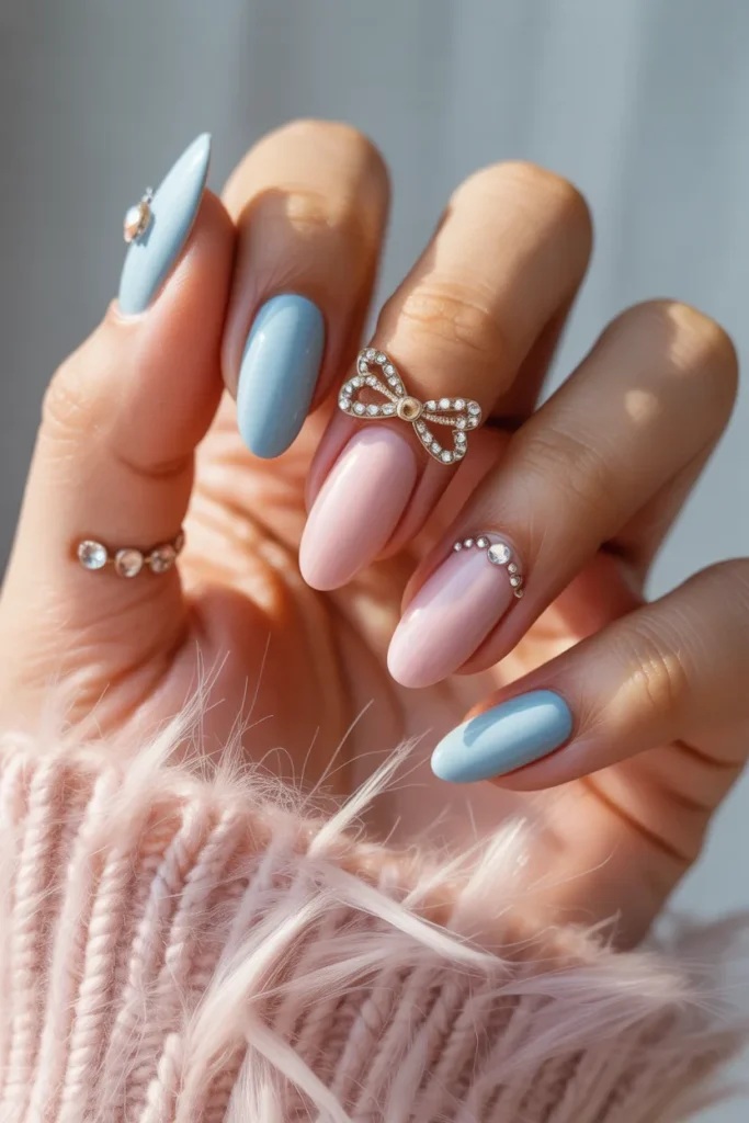 14. Blue and Pink Nails With Bow Rhinestones