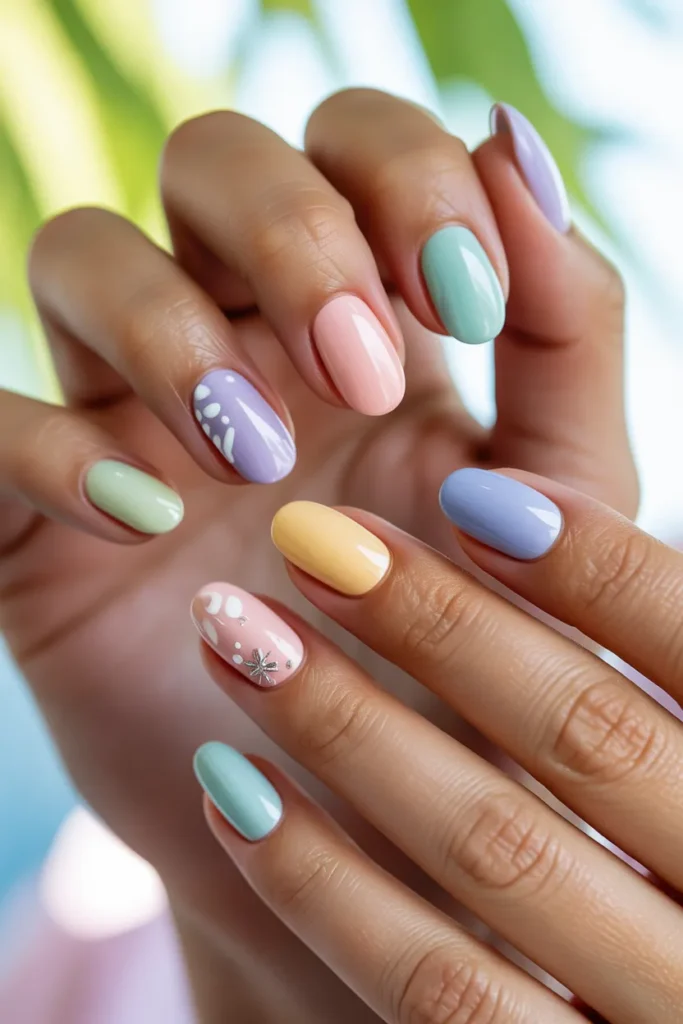 14. Pastel Multicolour Coachella Nails in a Mismatched Set — Playful and Perfectly Spring