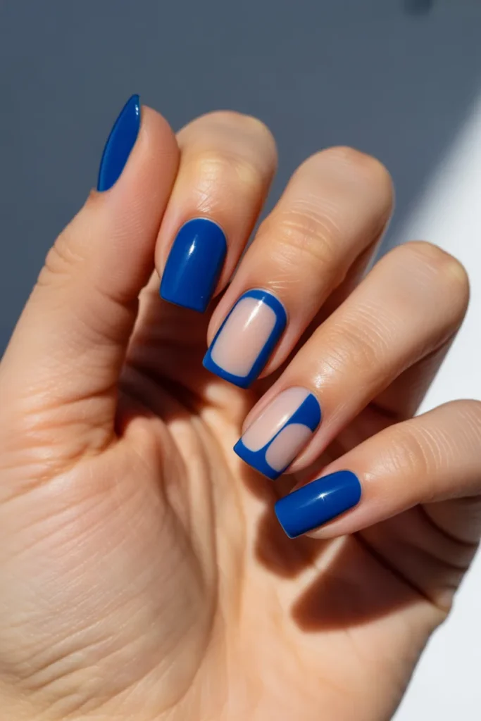 14. Royal Blue Negative Space Nails