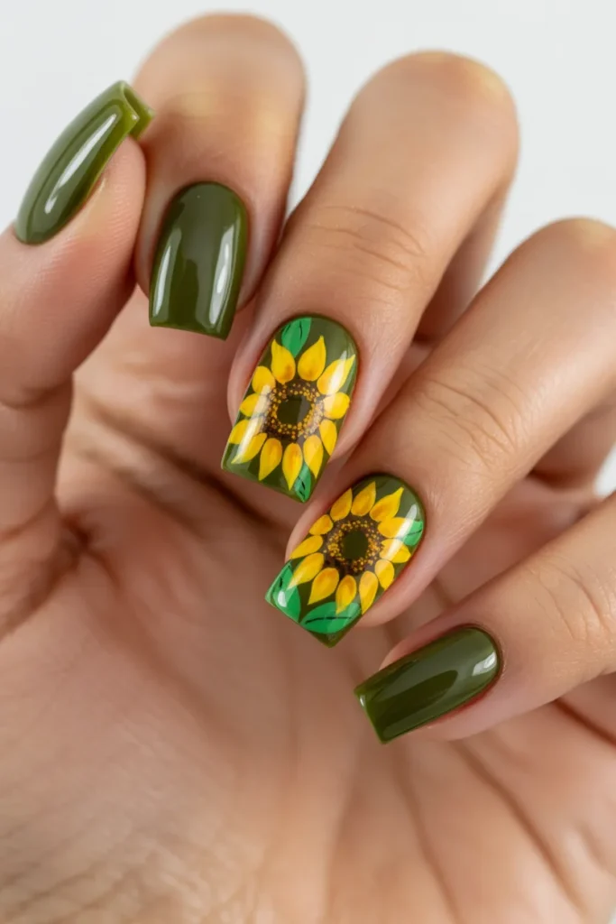14. Sunflower Nails Square Shape — Bold and Modern