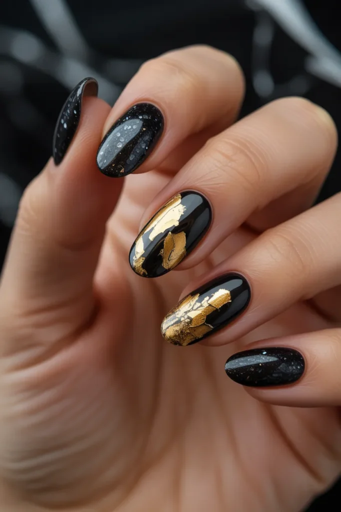 15 Black Glitter Nails with Gold Foil