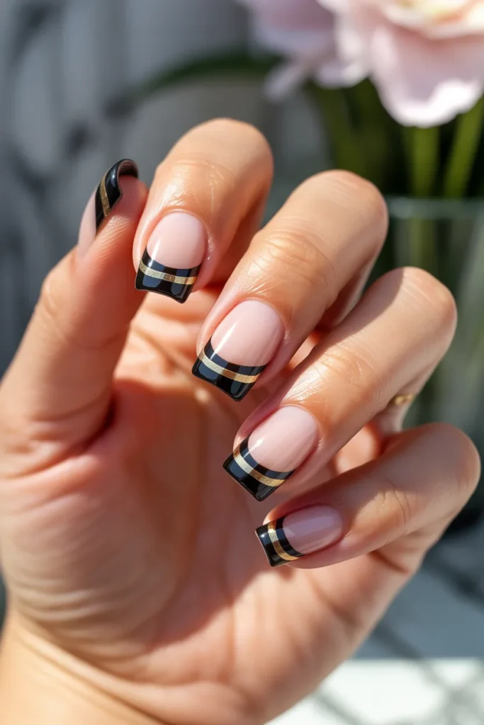 15. Black French Tip Nails with Gold Stripes