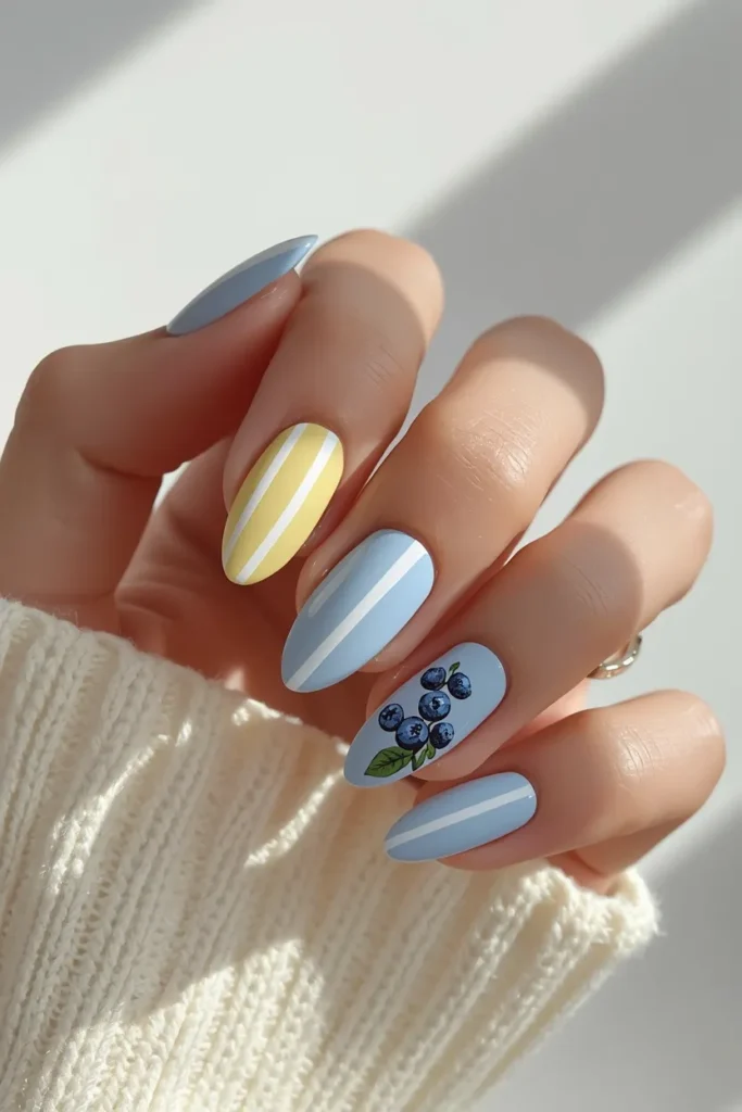 15. Blueberry Nails With Stripes — Cute Summery