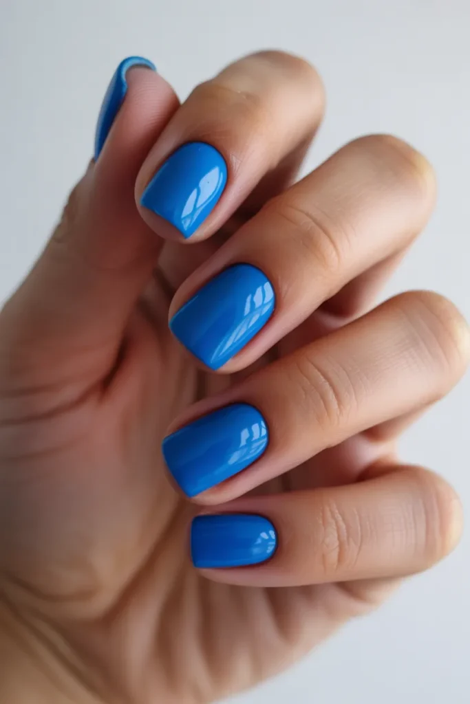 15. Bright Summer Gel Nails — Electric Blue Short Square