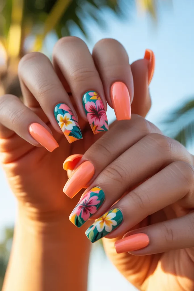 15. Coachella Nails With Tropical Floral Art for a Garden Party Vibe