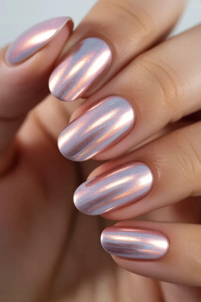 15. Pastel Pink Chrome Nails — The Mirror Effect in a Feminine Shade