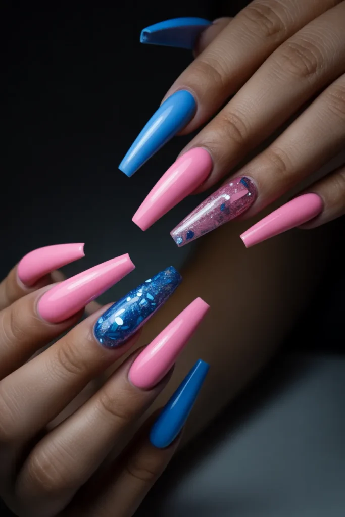 15. Pink and Blue Nails Acrylic — Long Coffin Set