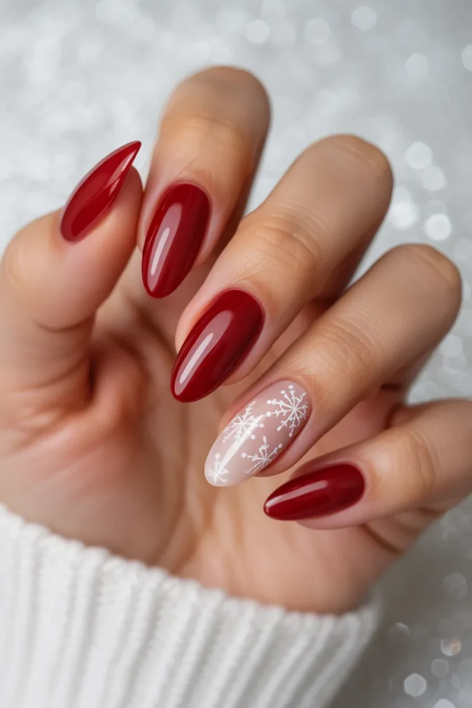 15. Red Cat Eye Nails with Snowflake Detail — Winter Edition