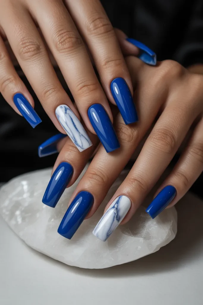 15. Royal Blue Marble Nails