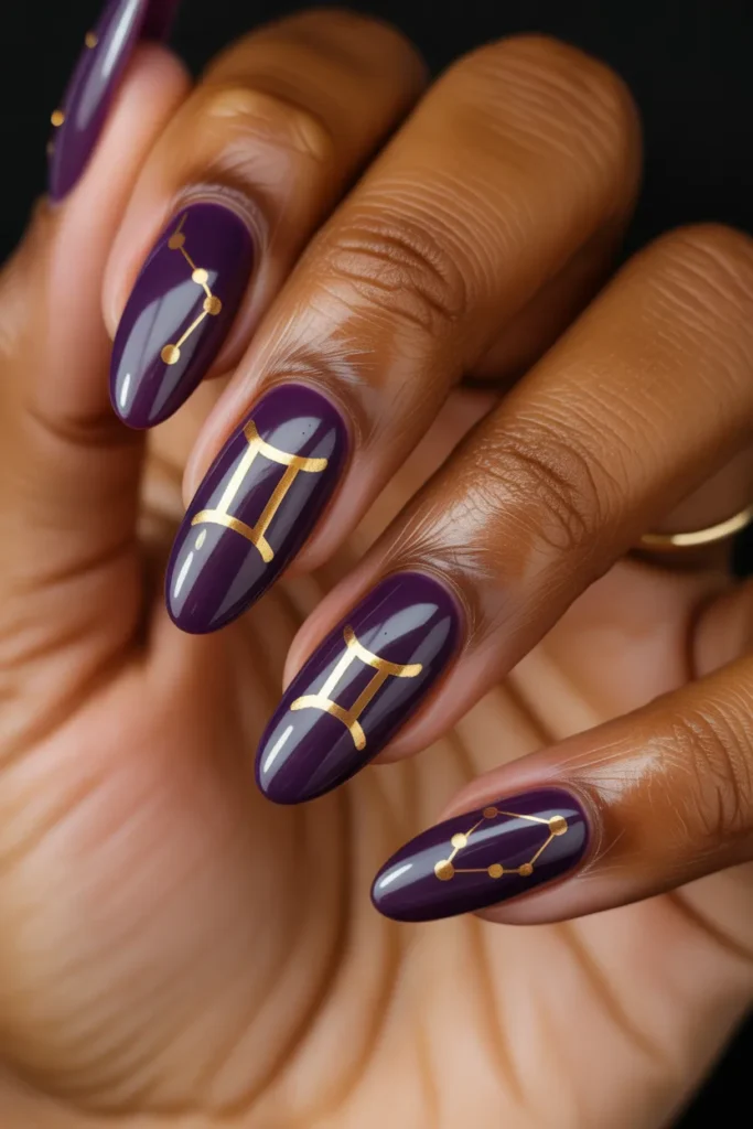 16 Gemini Nails for Brown Skin — Gold and Purple · Beginner