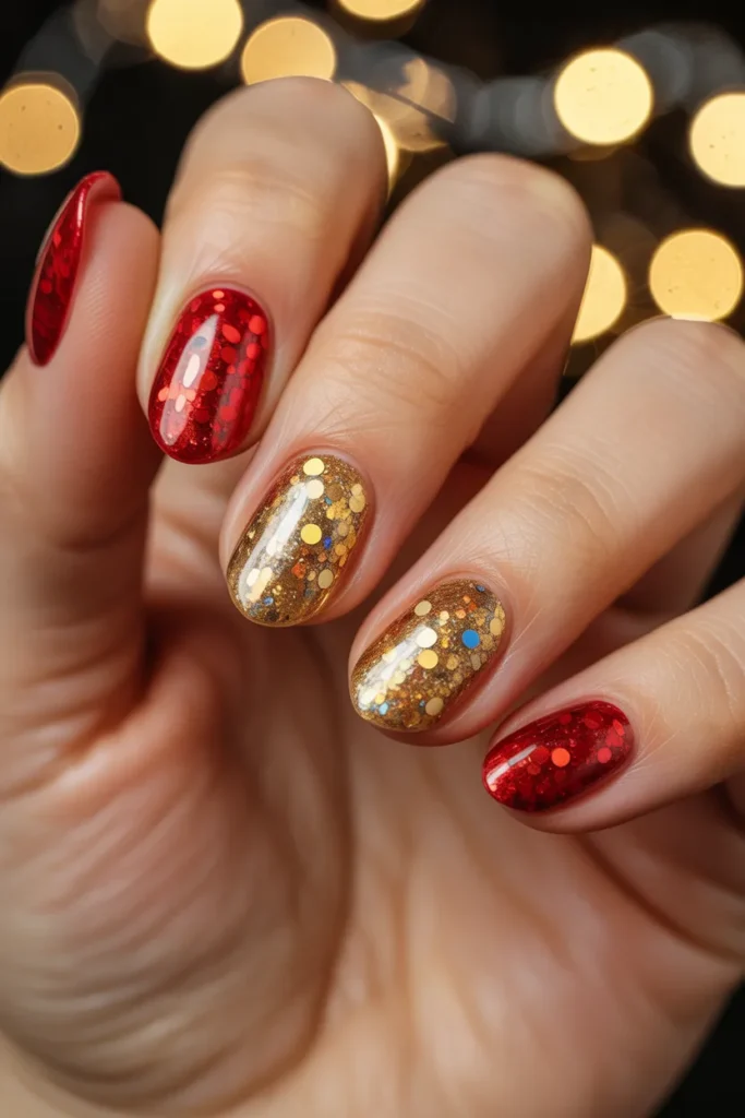 16 Glitter Red and Gold Nails — Full Festive Set