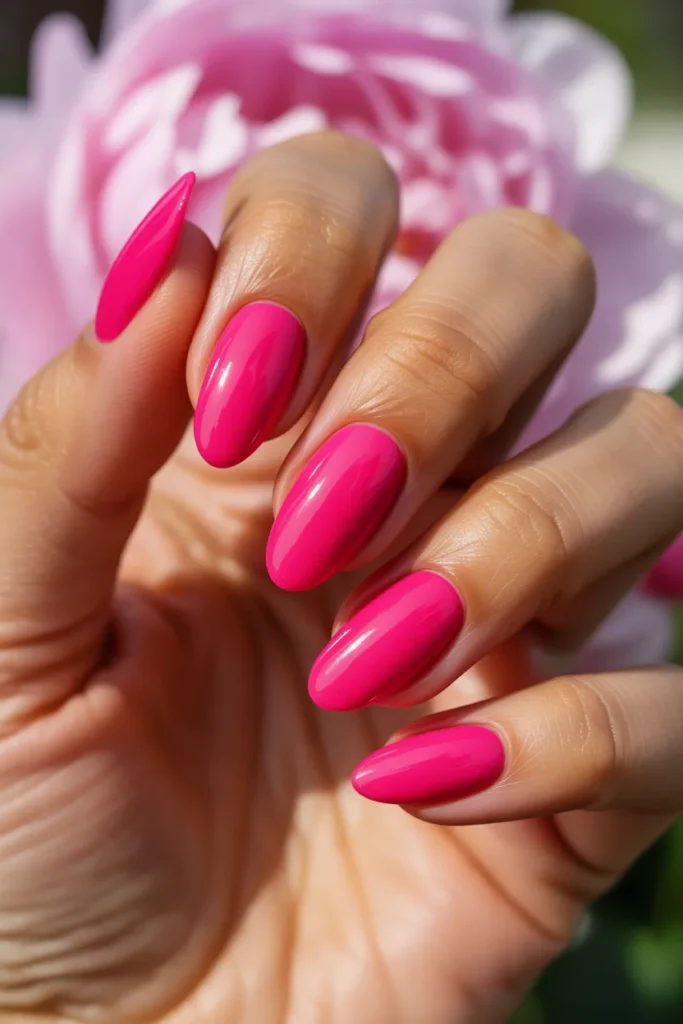 16 Hot Pink Short Almond Nails